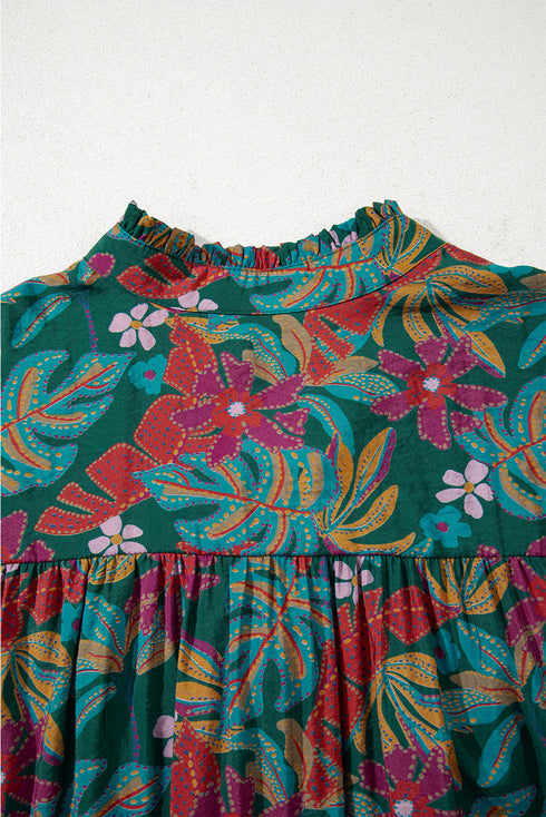 Retro Floral Print Ruffle Detail Belted Tiered Mini Dress